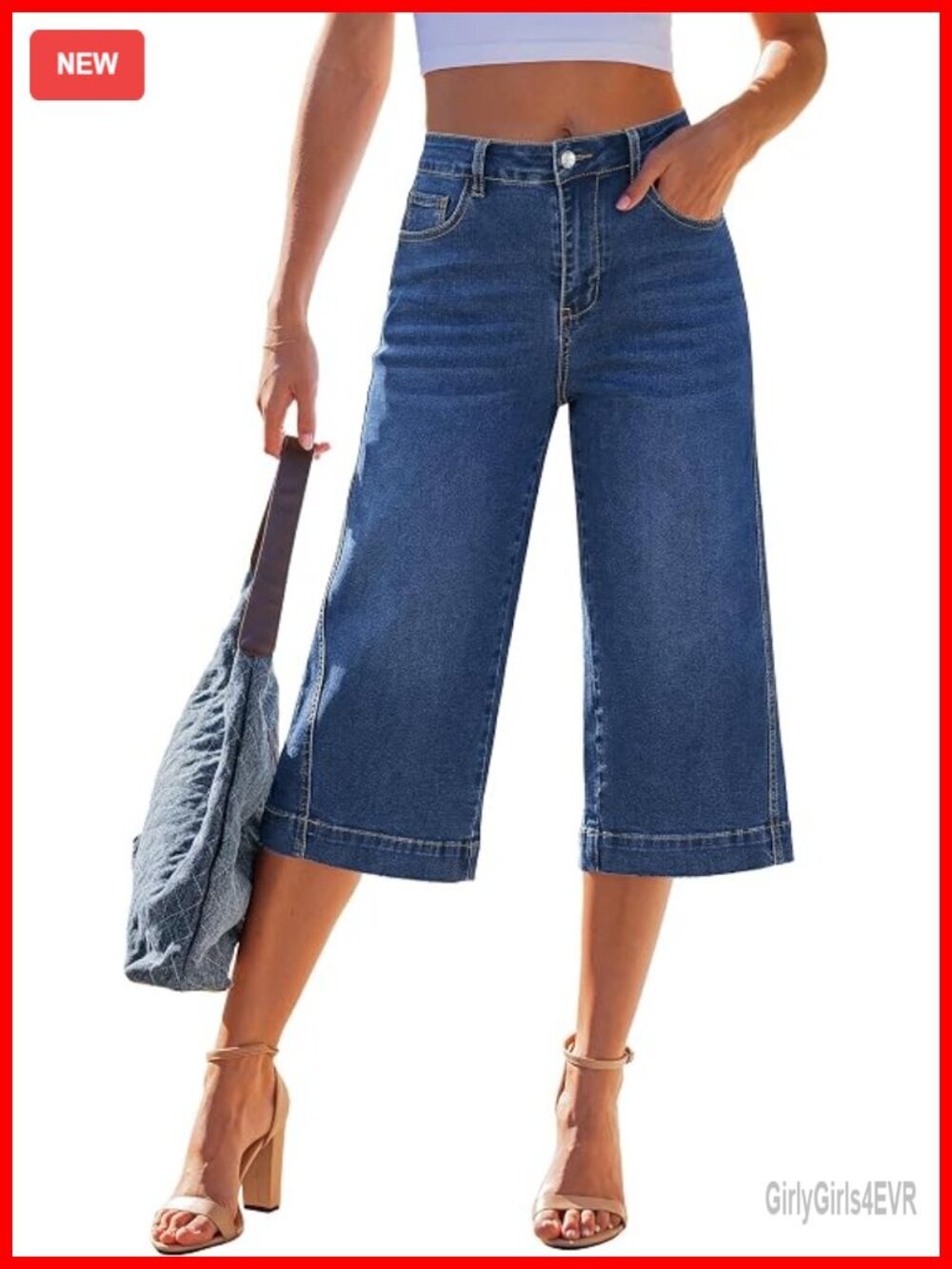 High Waisted Wide Leg Capri Jeans with Side Seam Stretch Denim